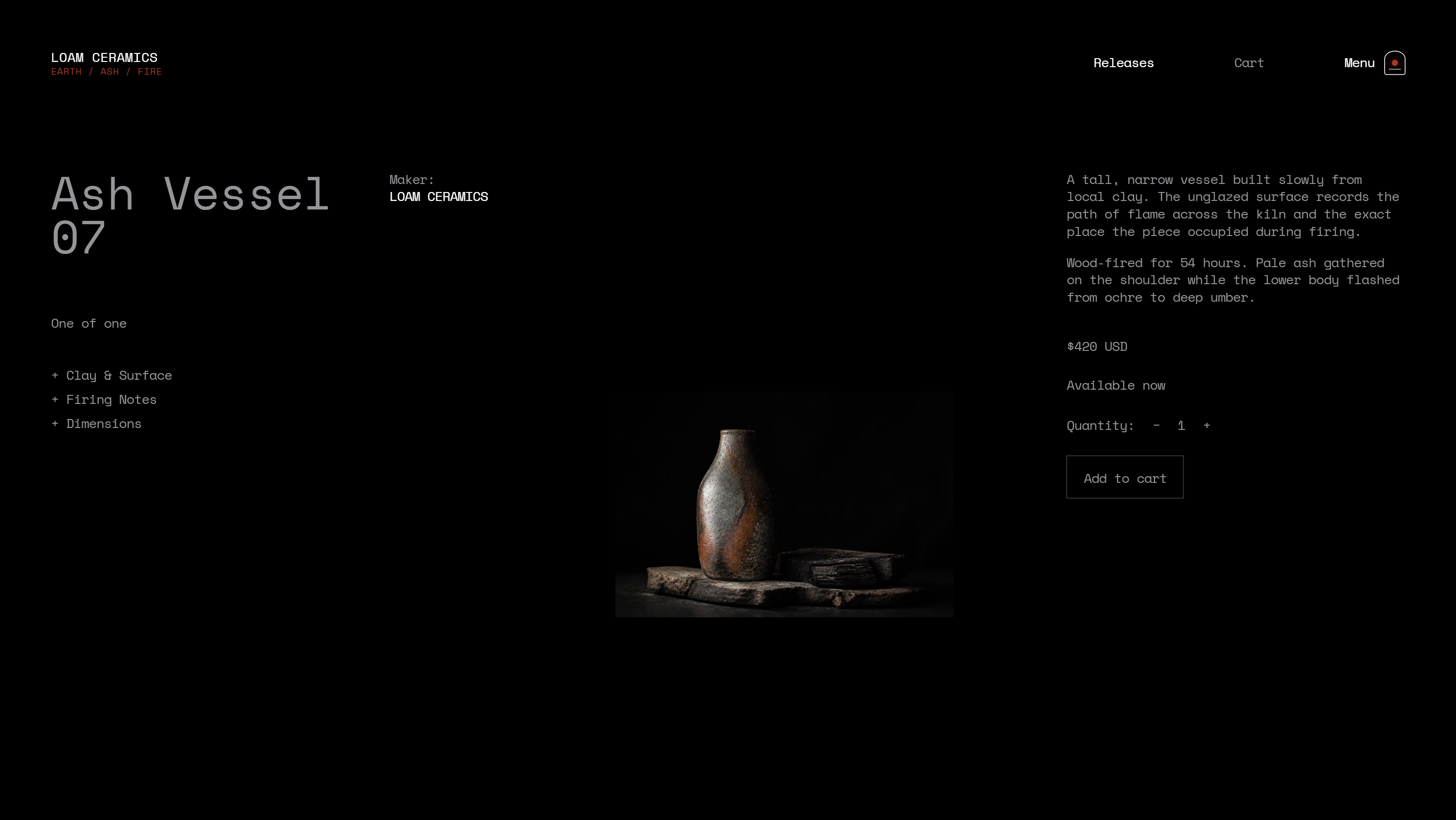 LOAM Ash Vessel product page with firing notes, price and purchase controls