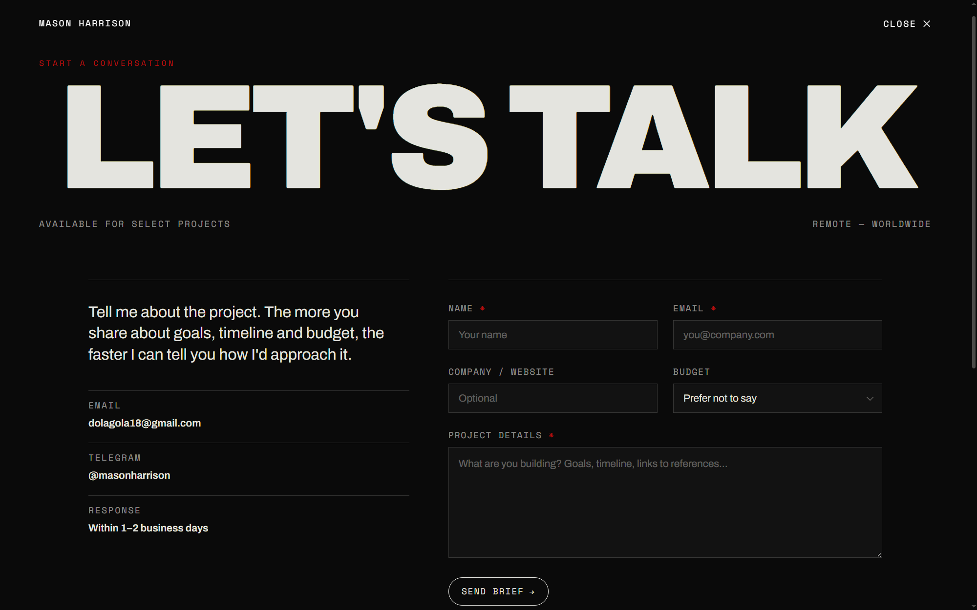 Contact form on the portfolio site